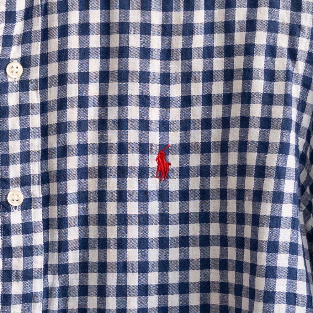 Polo Ralph Lauren 100% Linen Blue and White Gingham Button Down Shirt Size XL