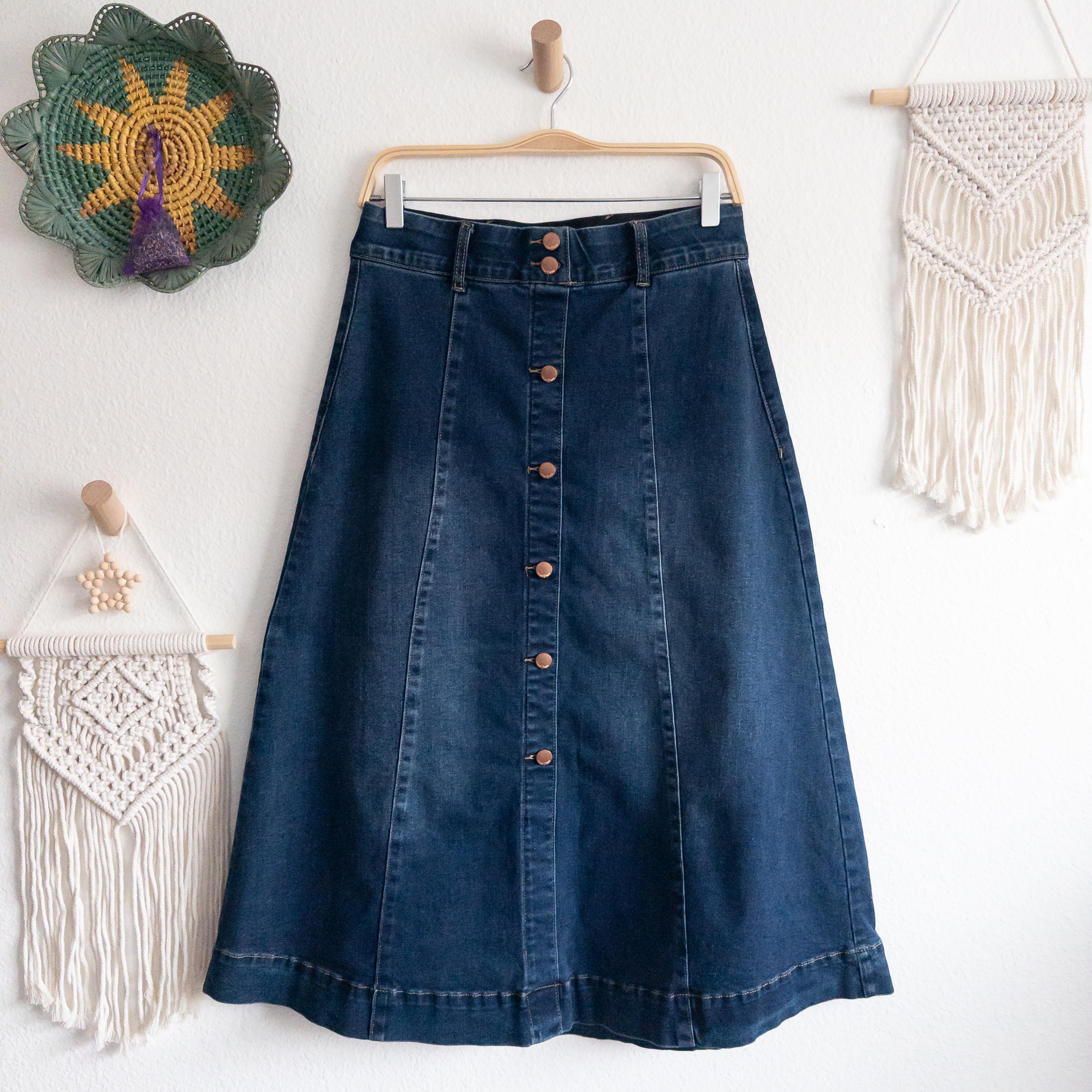 Denim Jean Casual Button-Front Midi A-Line Skirt