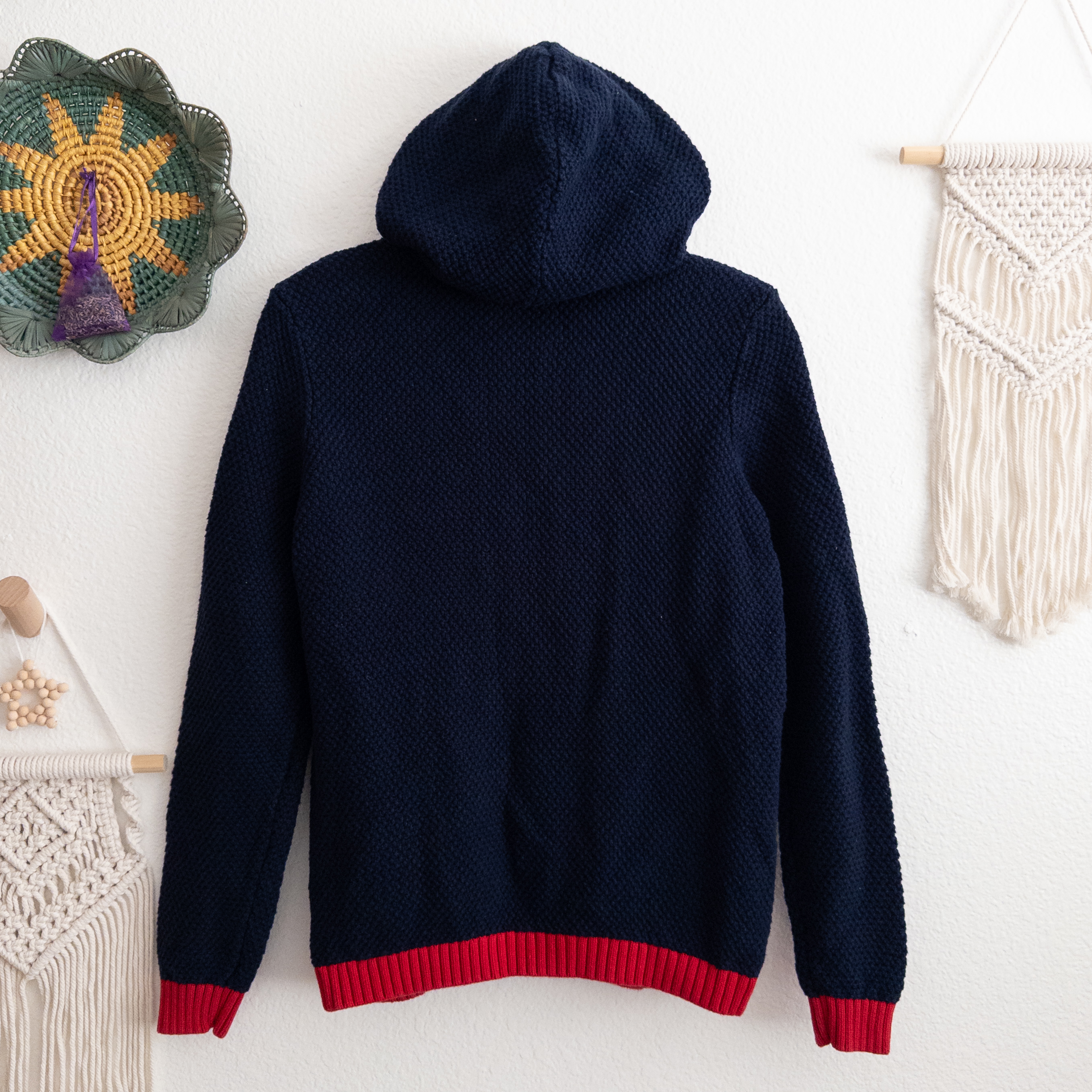 Tommy Hilfiger Navy and Red Zip Up Hooded Chunky Knit Sweater Size Large