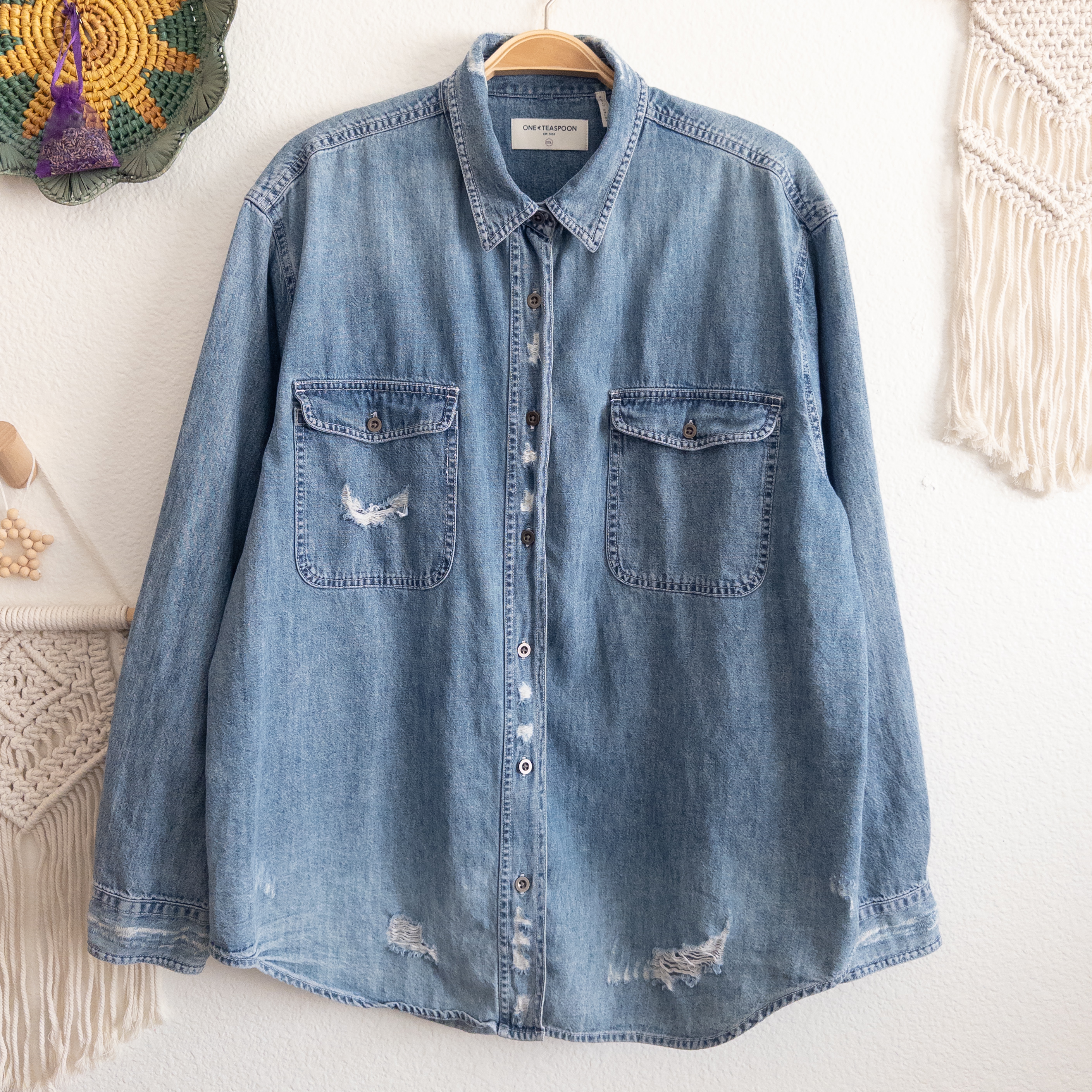 Distressed Denim Blue Button-Down Shirt Size XXL