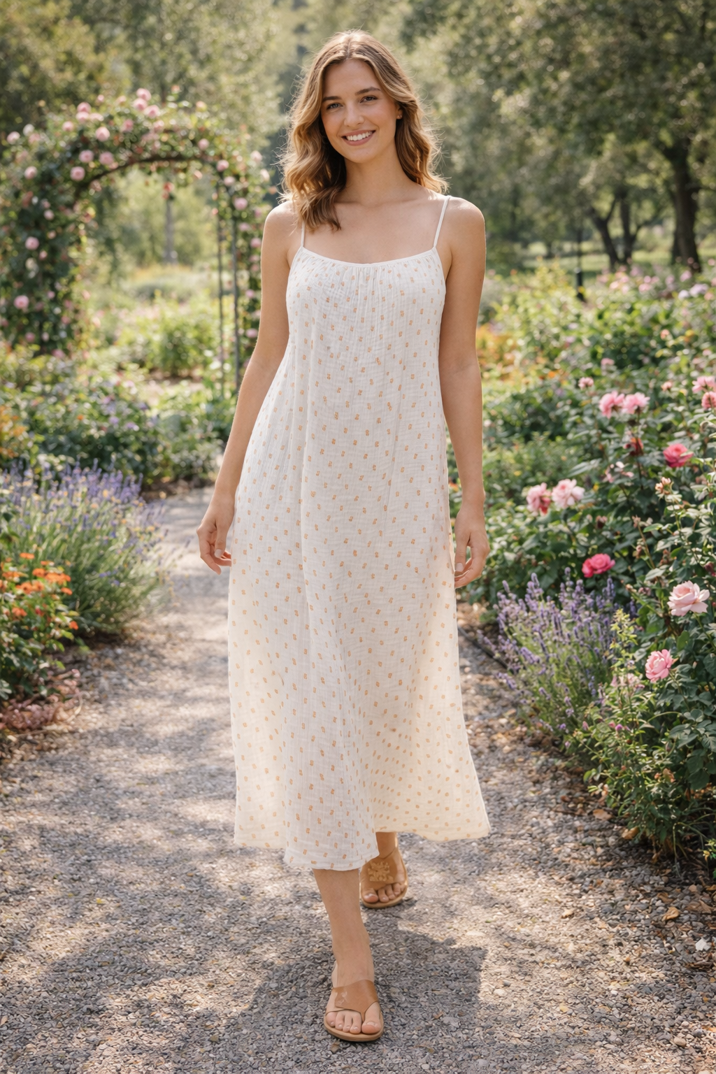 Gauzy Cotton Cream with Tan Floral Print Sun Dress Size Small