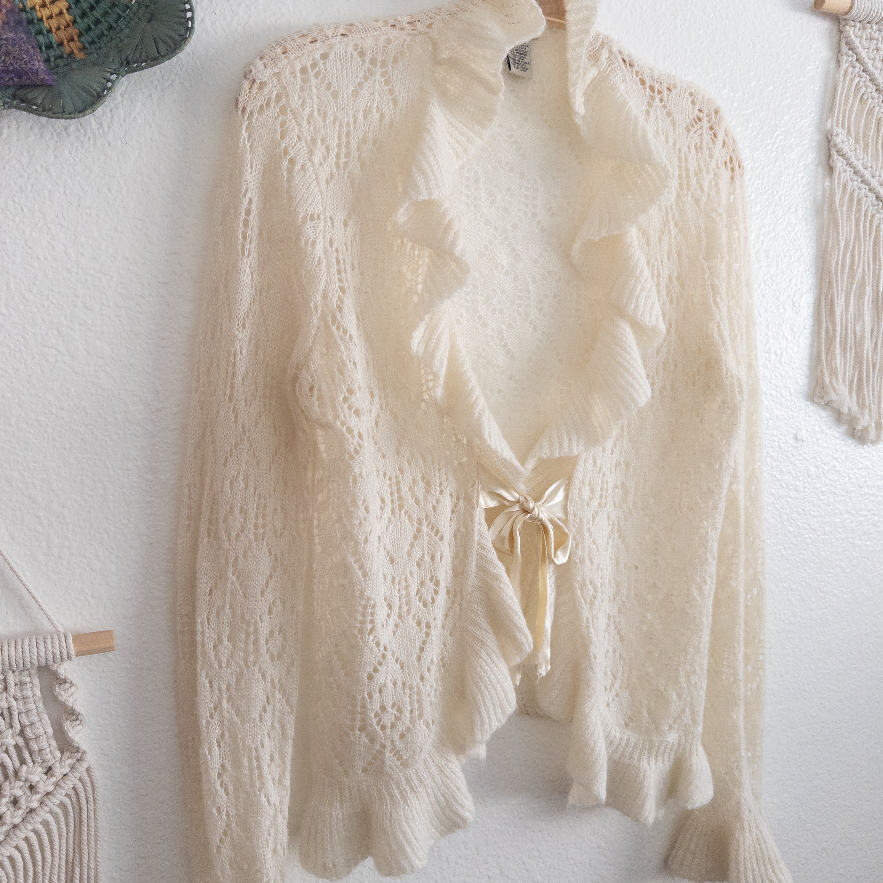 Romantic Soft Cream Cardigan with Satin Ties Ruffles and Bell Cuffs Size XL