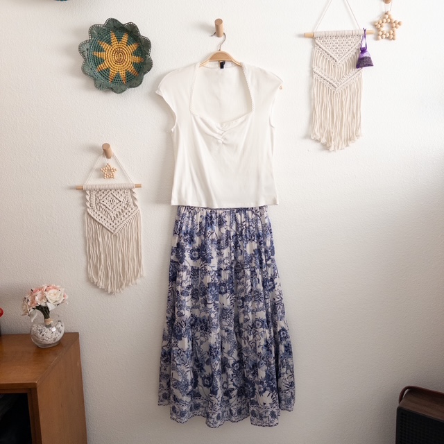 Boho Blue and White Floral Maxi SkirtSize Medium