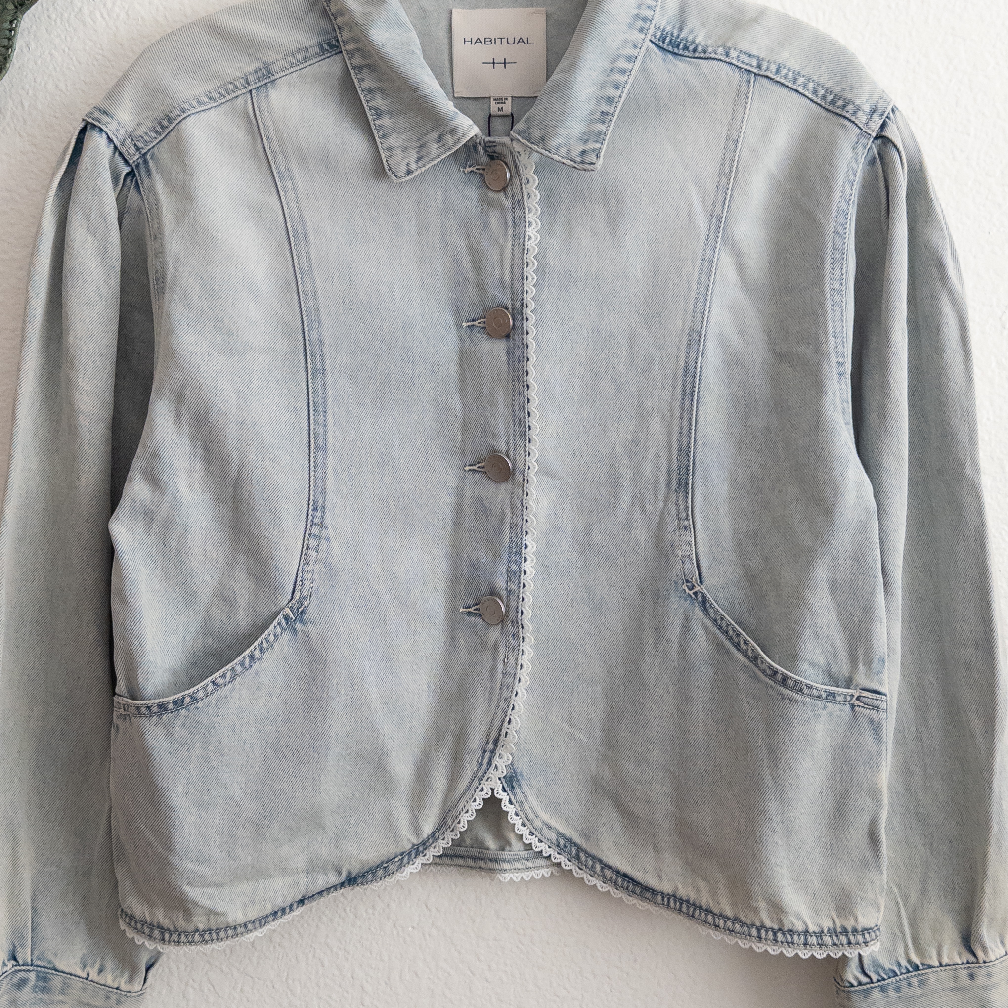 Habitual Light Blue Crochet Trim Denim Jean Jacket Size Medium NWT