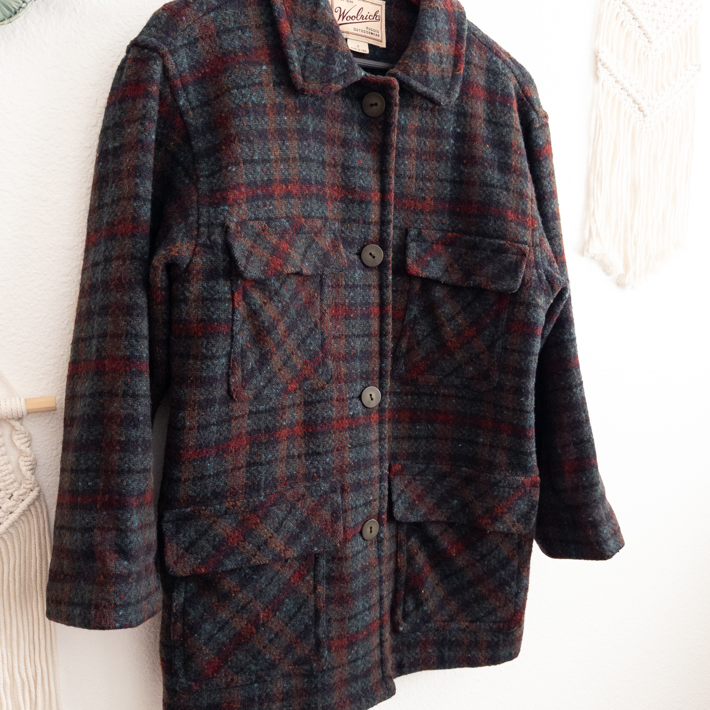 Vintage Woolrich Wool Blend Plaid Tweed Pea Coat Size Small USA