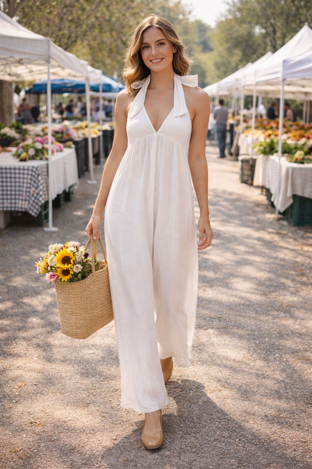 White Pure Linen Boho Wide Leg Jumpsuit Ties at the Neck