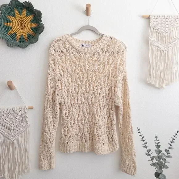 Beige Crochet Knit Sweater Cover Up Size Small