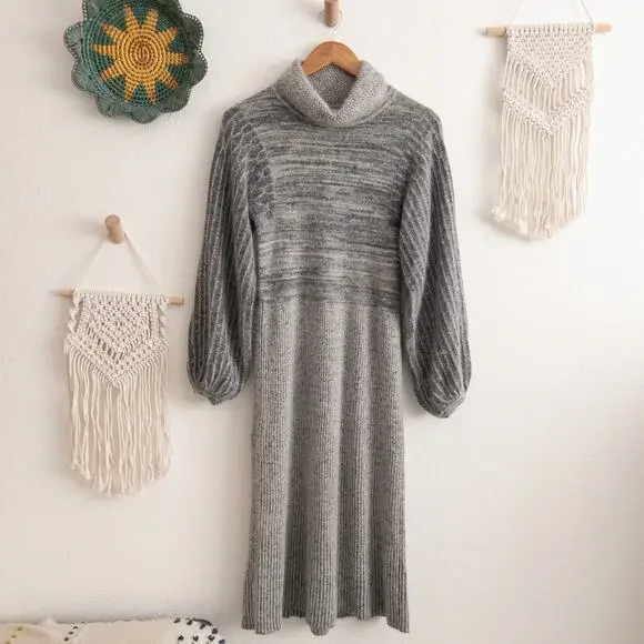 Gray Mock Neck Balloon Sleeve Midi Sweater Dress