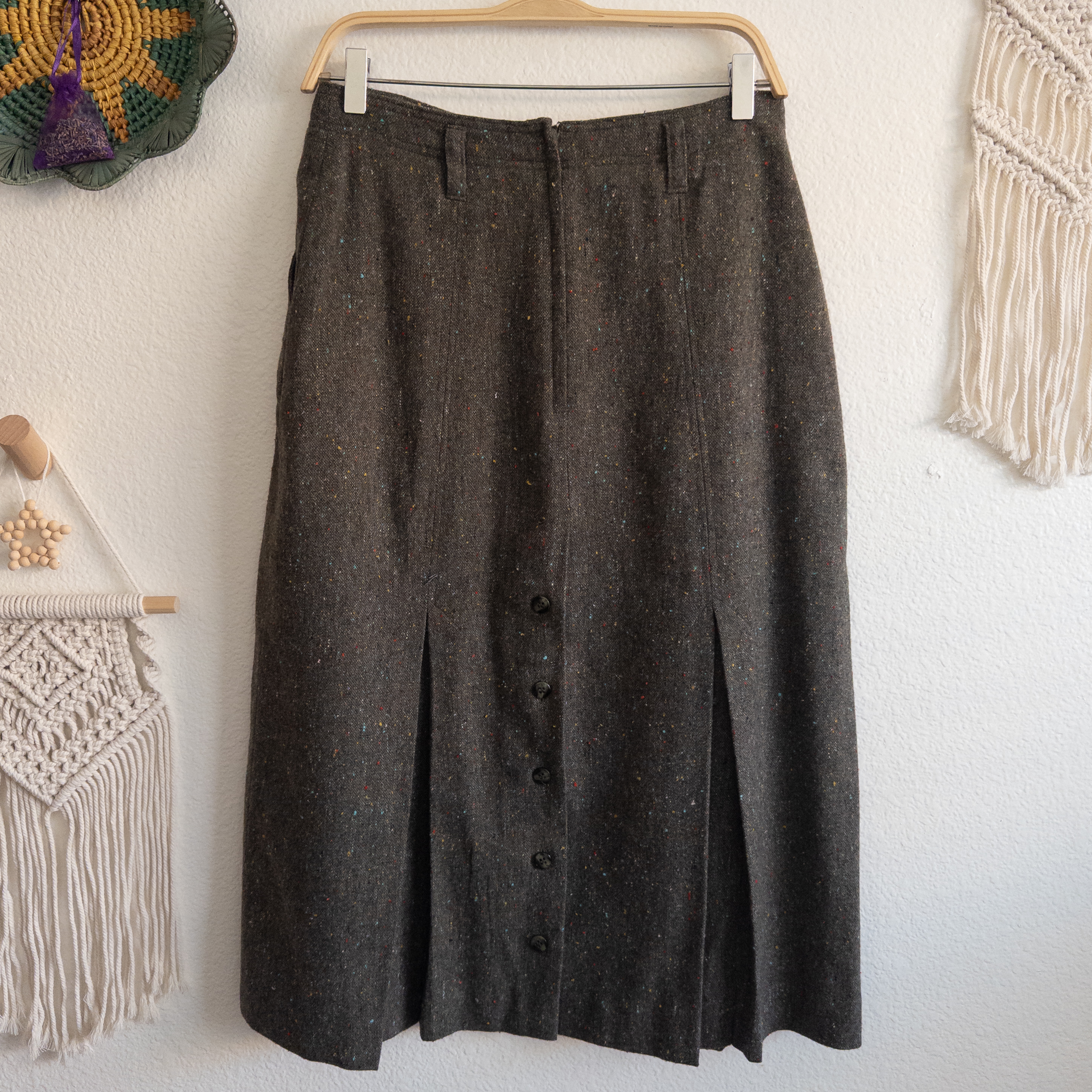 Vintage Wool Blend A-line Tailored Pleated Khaki Specked Midi Skirt