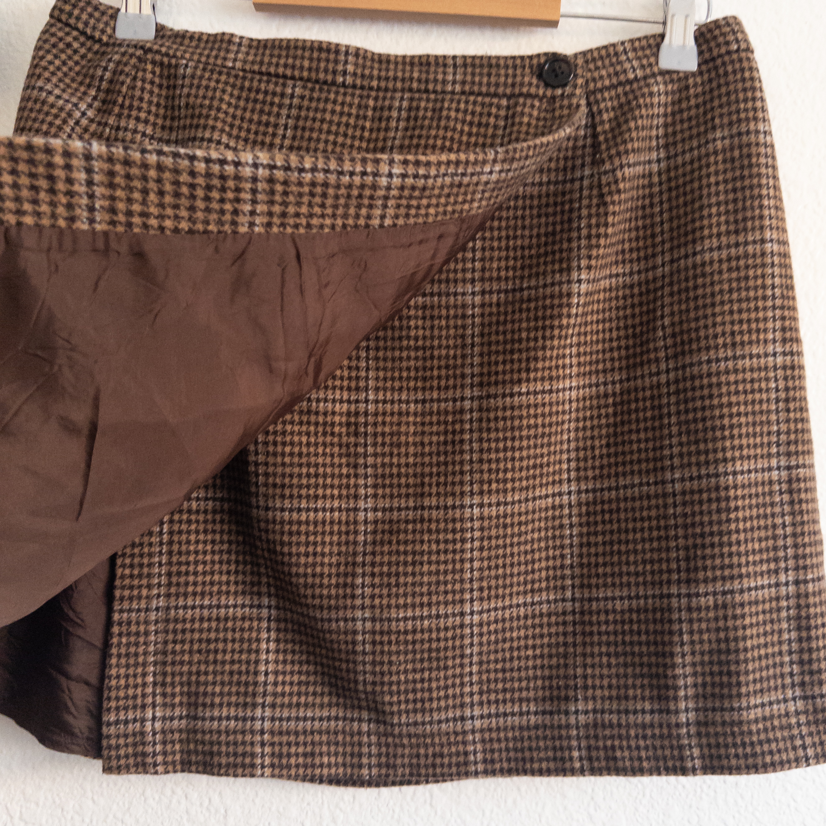 Preppy Brown Wool Check Plaid Wrap Mini Skirt