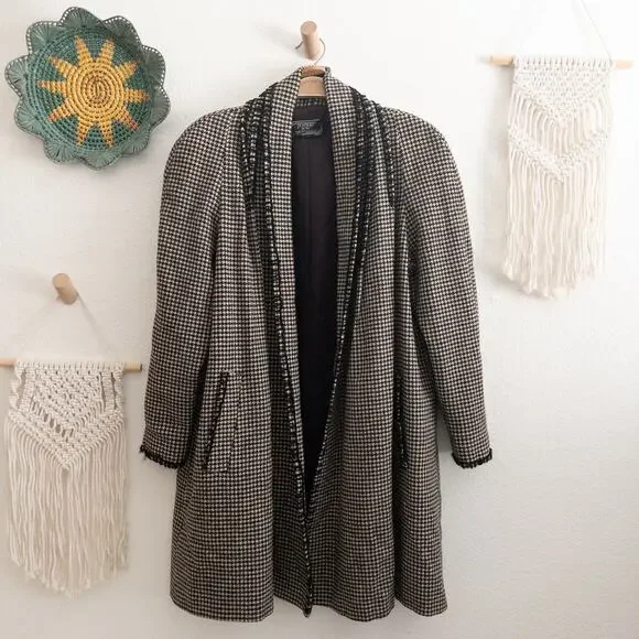 Houndstooth Longline Coat Cardigan Cream Black Open Front Small