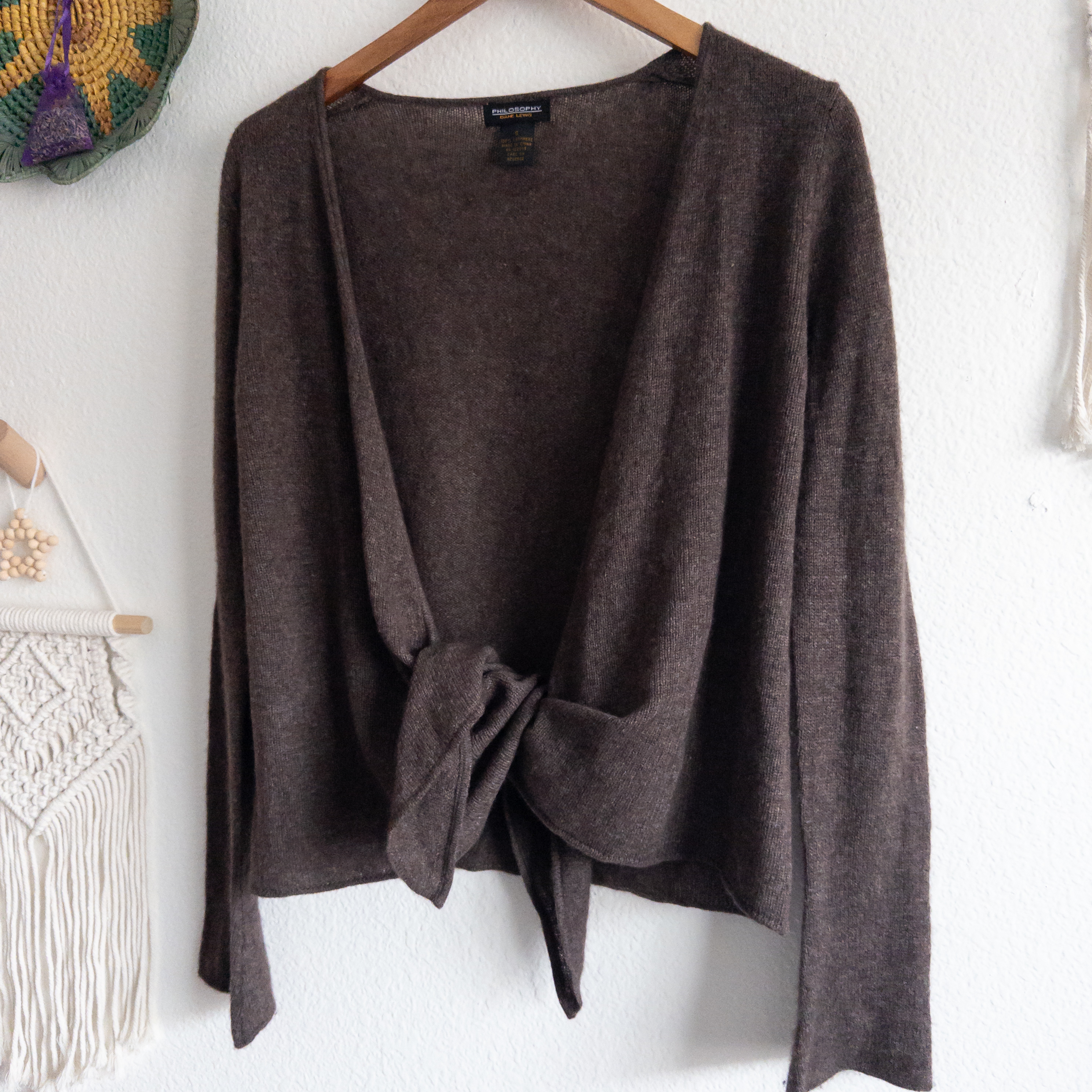 Cashmere Brown Knit Tie-At-Waist Open Front Cardigan Size Small