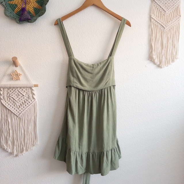 Green Ruffle Hem Tie-Back Sundress Linen Blend Size Large NWT