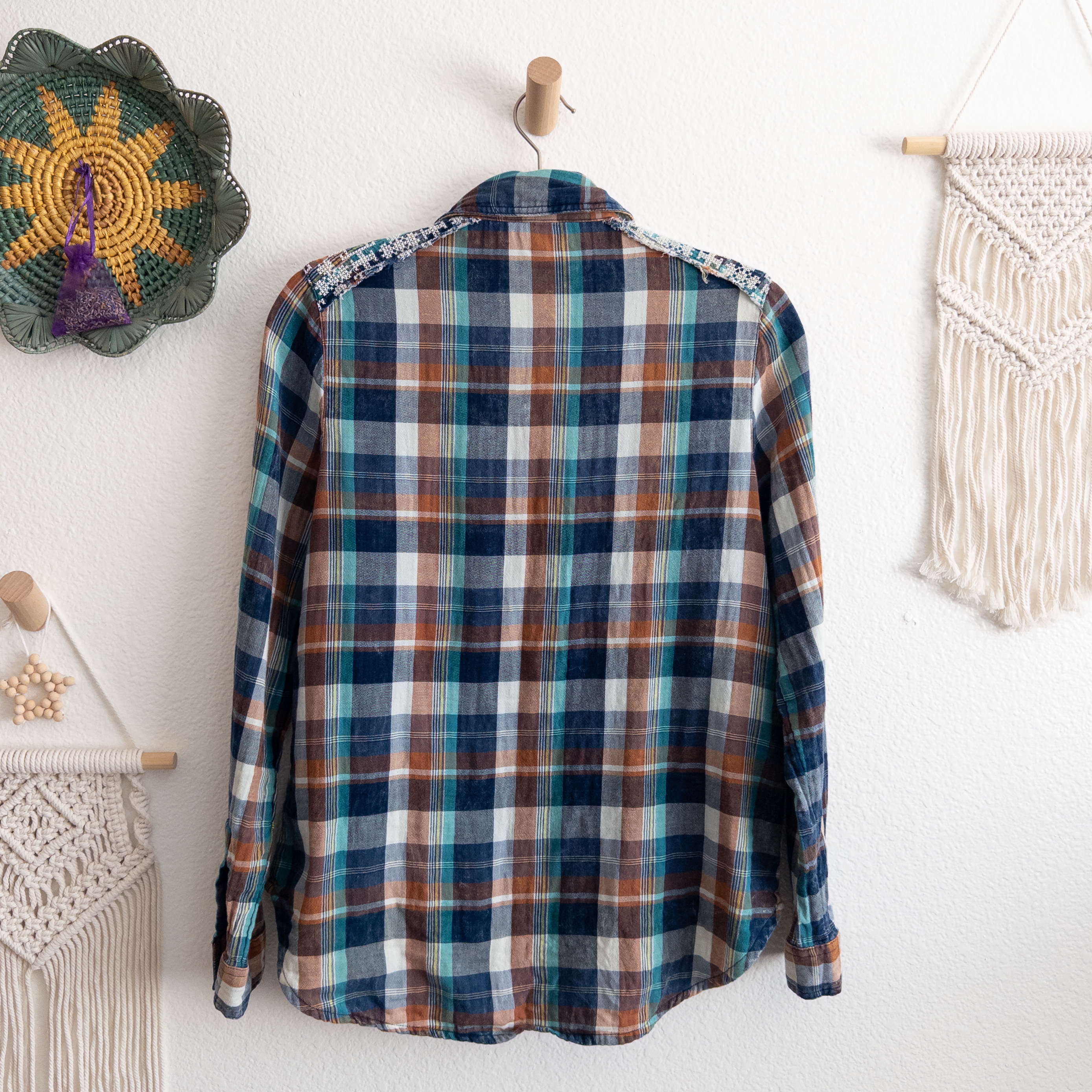 Sundance Quiet Canyon Western Boho Floral Embroidered Plaid Button Down Shirt Small