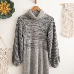 Gray Mock Neck Balloon Sleeve Midi Sweater Dress