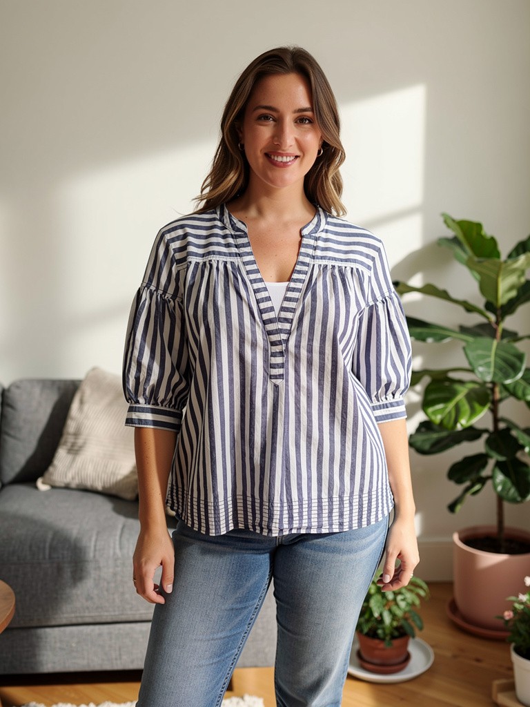 Striped Cotton Blouse by Anthropologie Darcy Popover Swing Top Size Medium