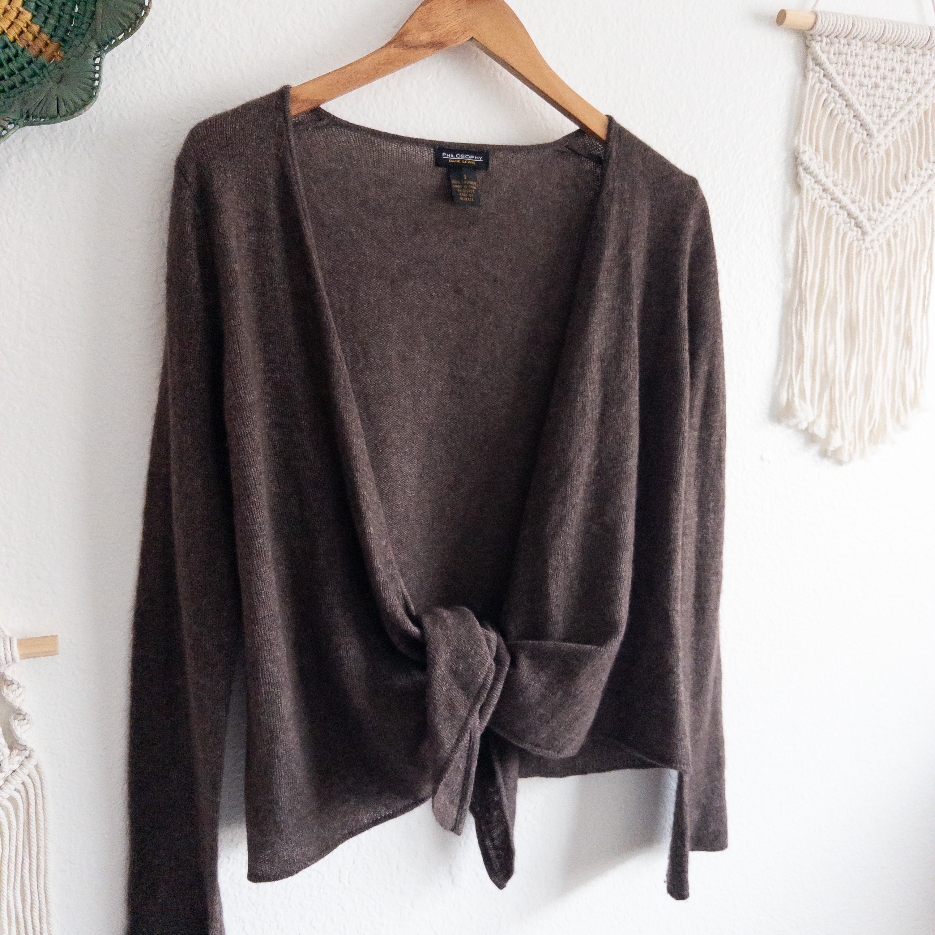 Cashmere Brown Knit Tie-At-Waist Open Front Cardigan Size Small