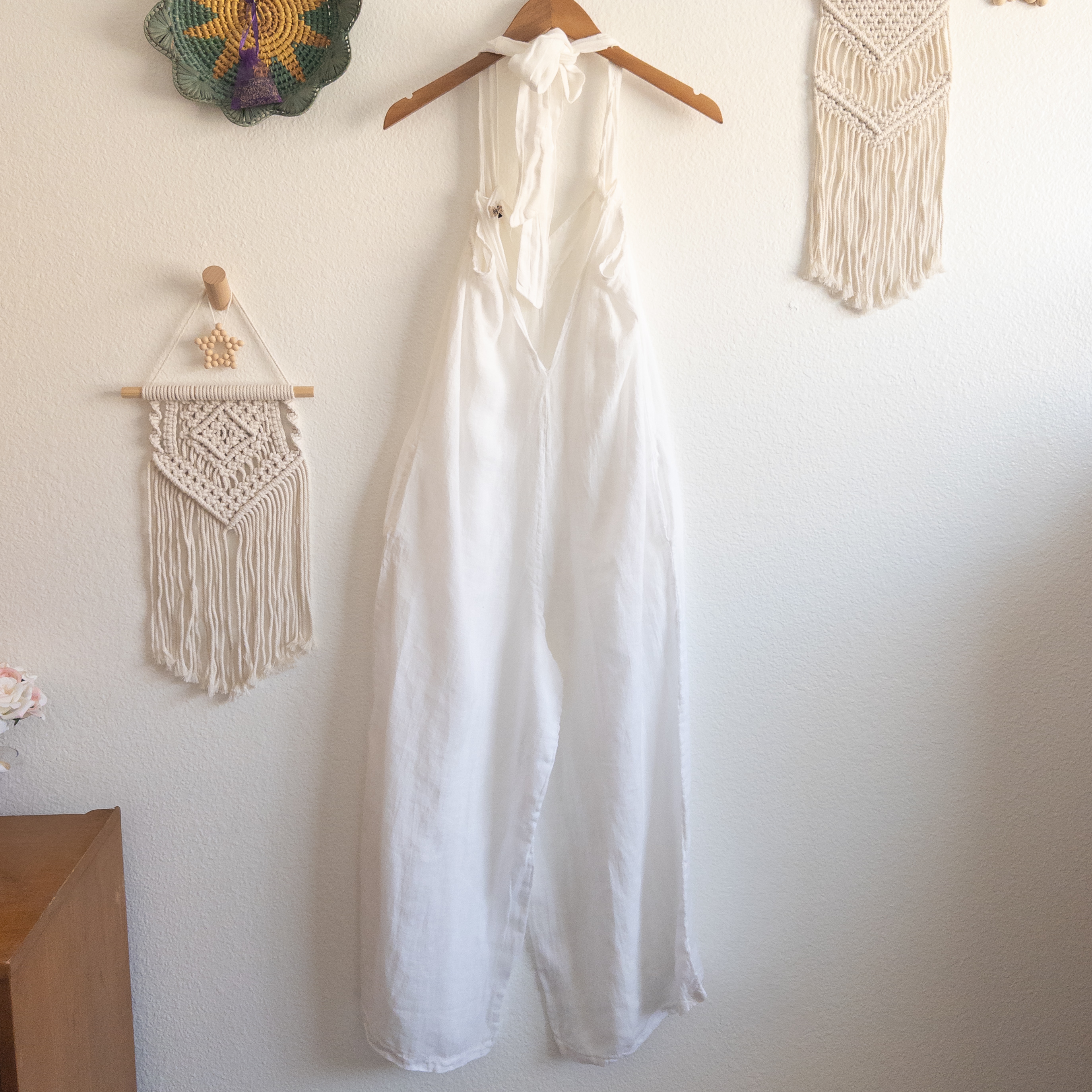 White Pure Linen Boho Wide Leg Jumpsuit Ties at the Neck