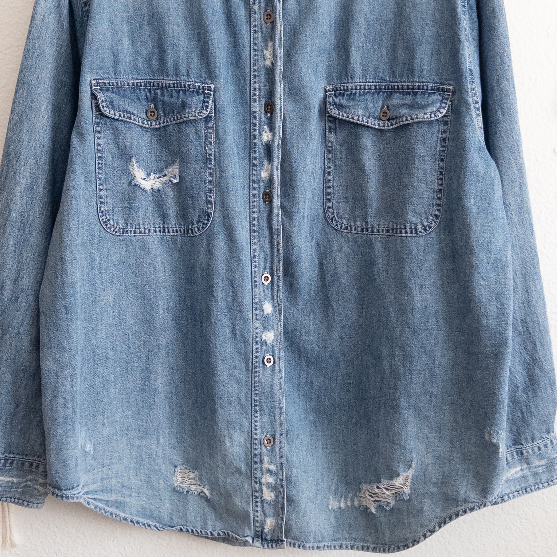 Distressed Denim Blue Button-Down Shirt Size XXL