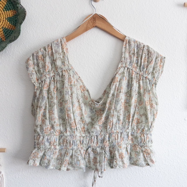 Spring Boho Floral Print Drawstring Gathered Blouse