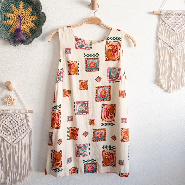 Western Boho Cowgirl Patterned Novelty Linen Blend Sleeveless Dress Size Large