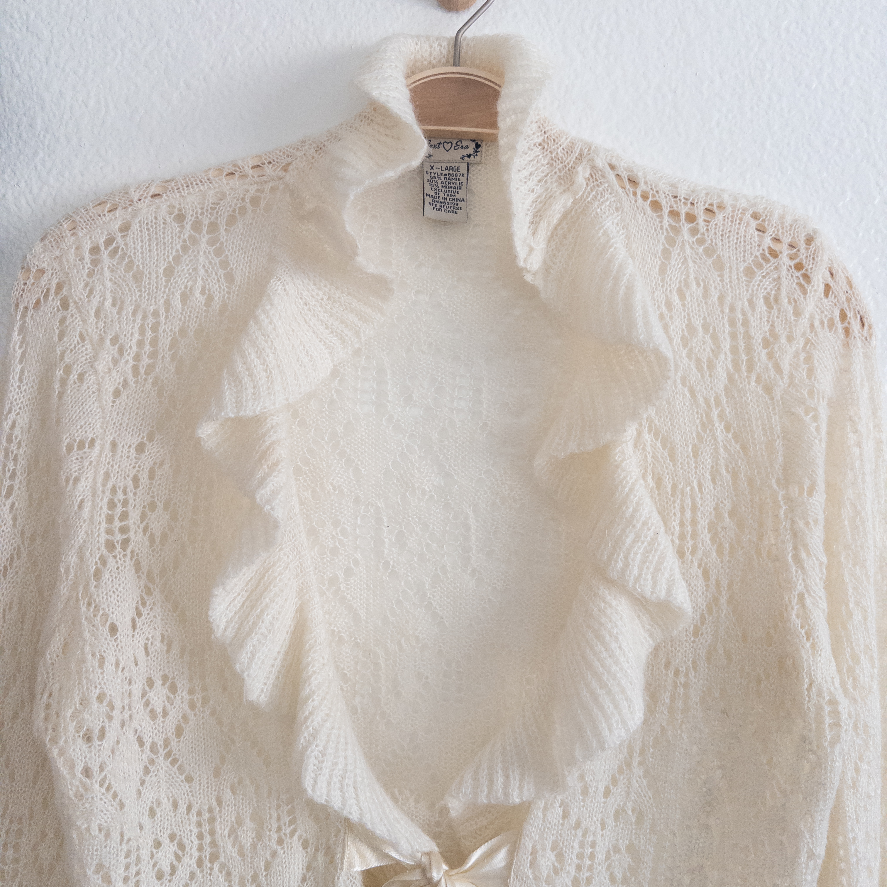 Romantic Soft Cream Cardigan with Satin Ties Ruffles and Bell Cuffs Size XL