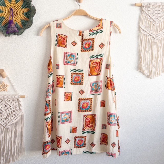 Western Boho Cowgirl Patterned Novelty Linen Blend Sleeveless Dress Size Large