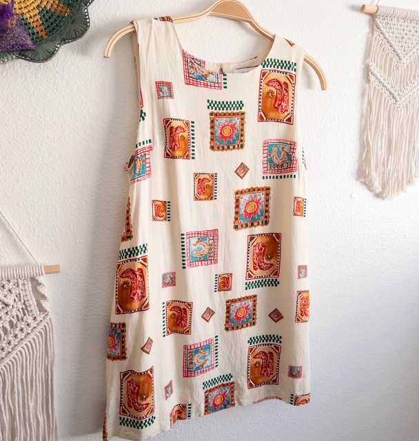 Western Boho Cowgirl Patterned Novelty Linen Blend Sleeveless Dress Size Large