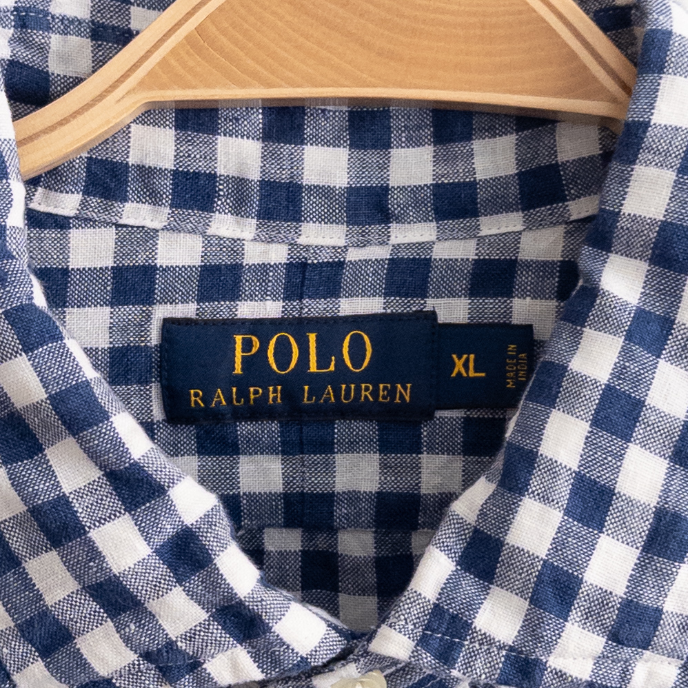 Polo Ralph Lauren 100% Linen Blue and White Gingham Button Down Shirt Size XL