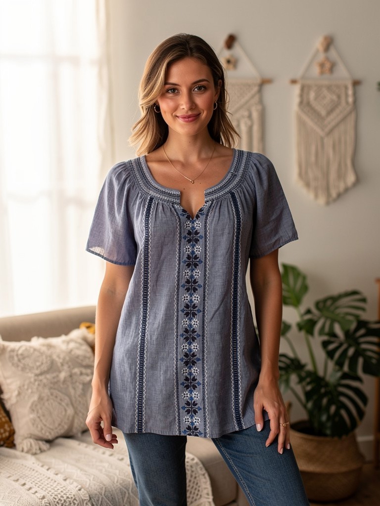 Blue Embroidered Boho Blouse Talbots Plus X