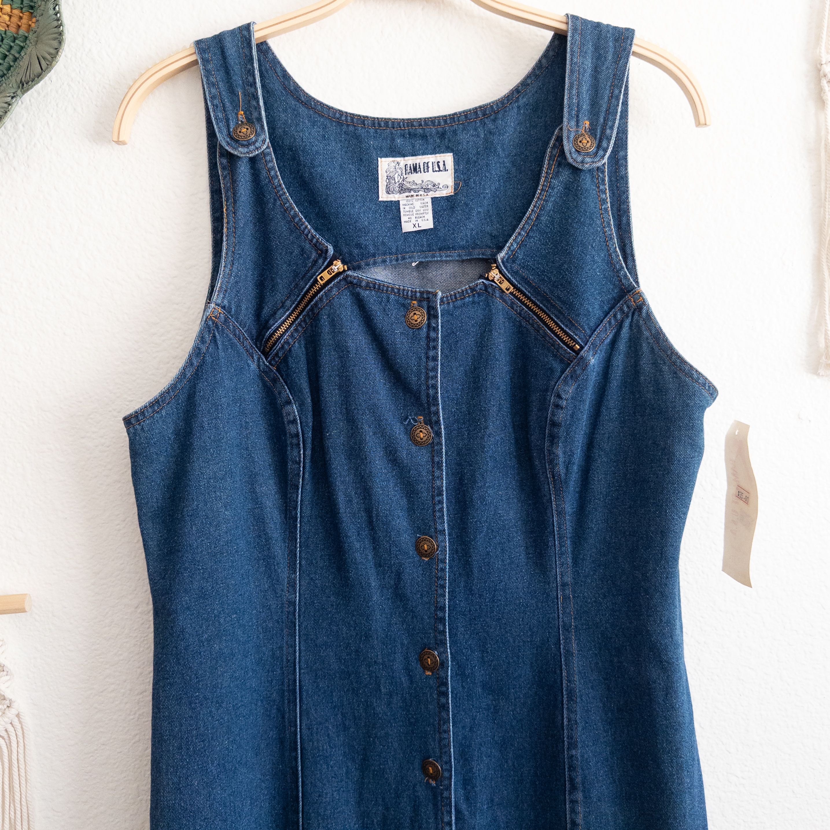 Vintage Sleeveless Denim Jean Dress with Zipper Detail Button-Down Size XL 