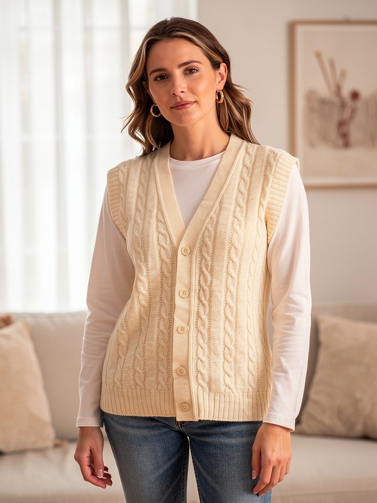 Cream Cable Knit Buttoned Vest