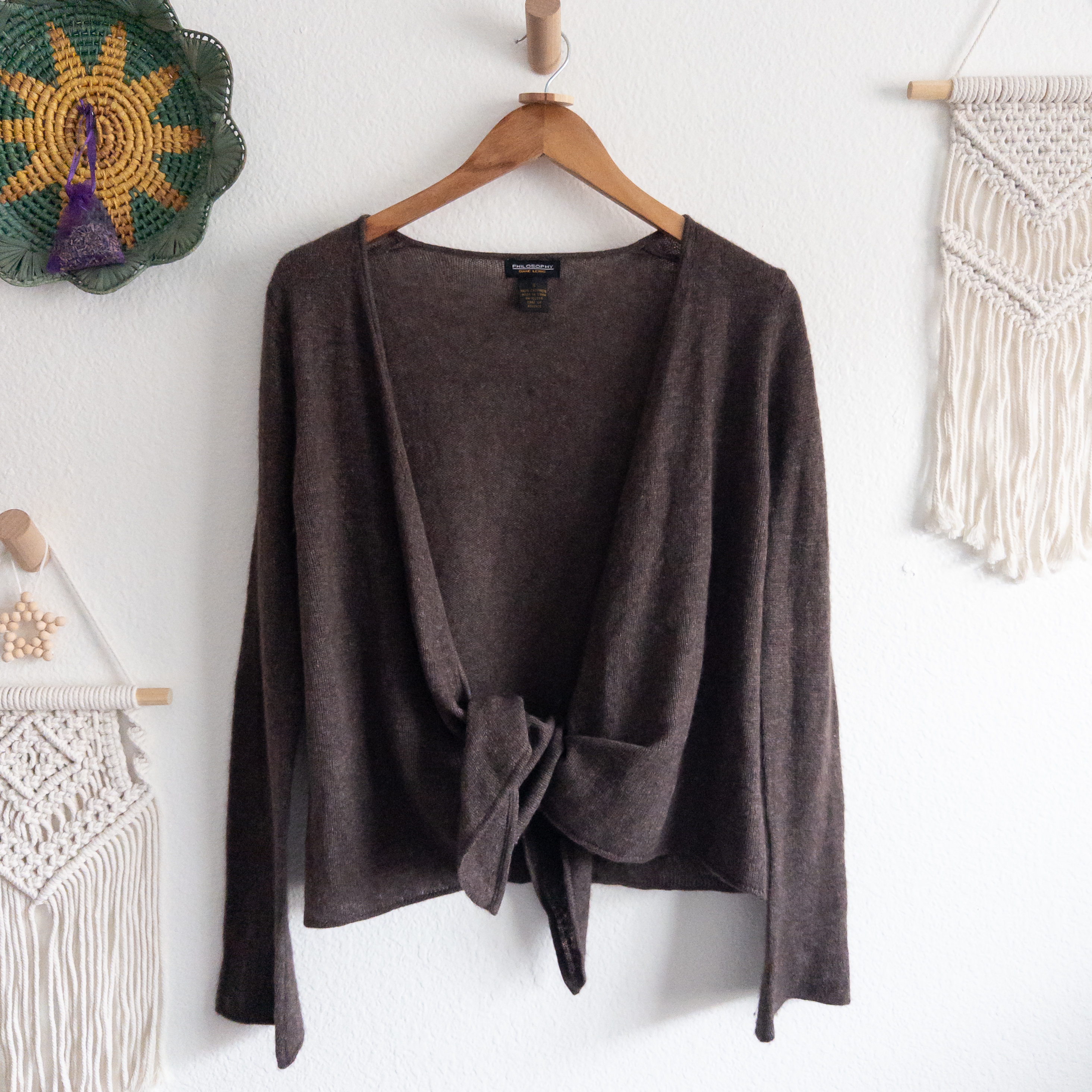 Cashmere Brown Knit Tie-At-Waist Open Front Cardigan Size Small