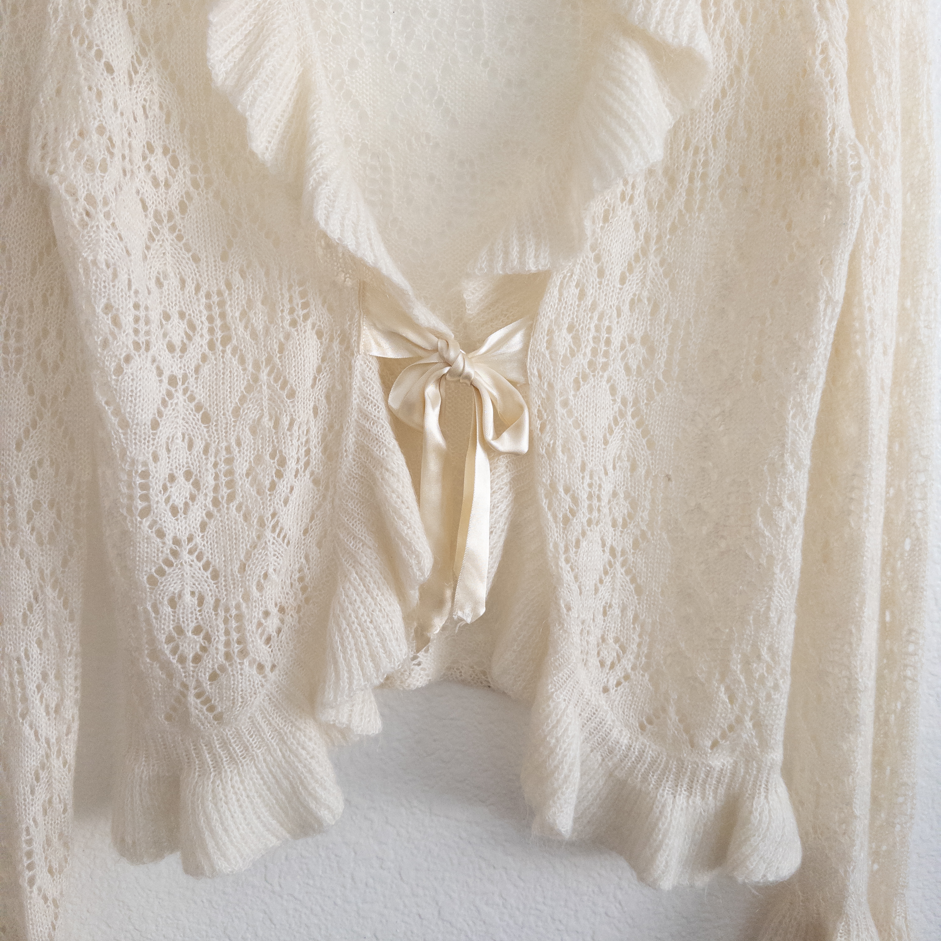 Romantic Soft Cream Cardigan with Satin Ties Ruffles and Bell Cuffs Size XL