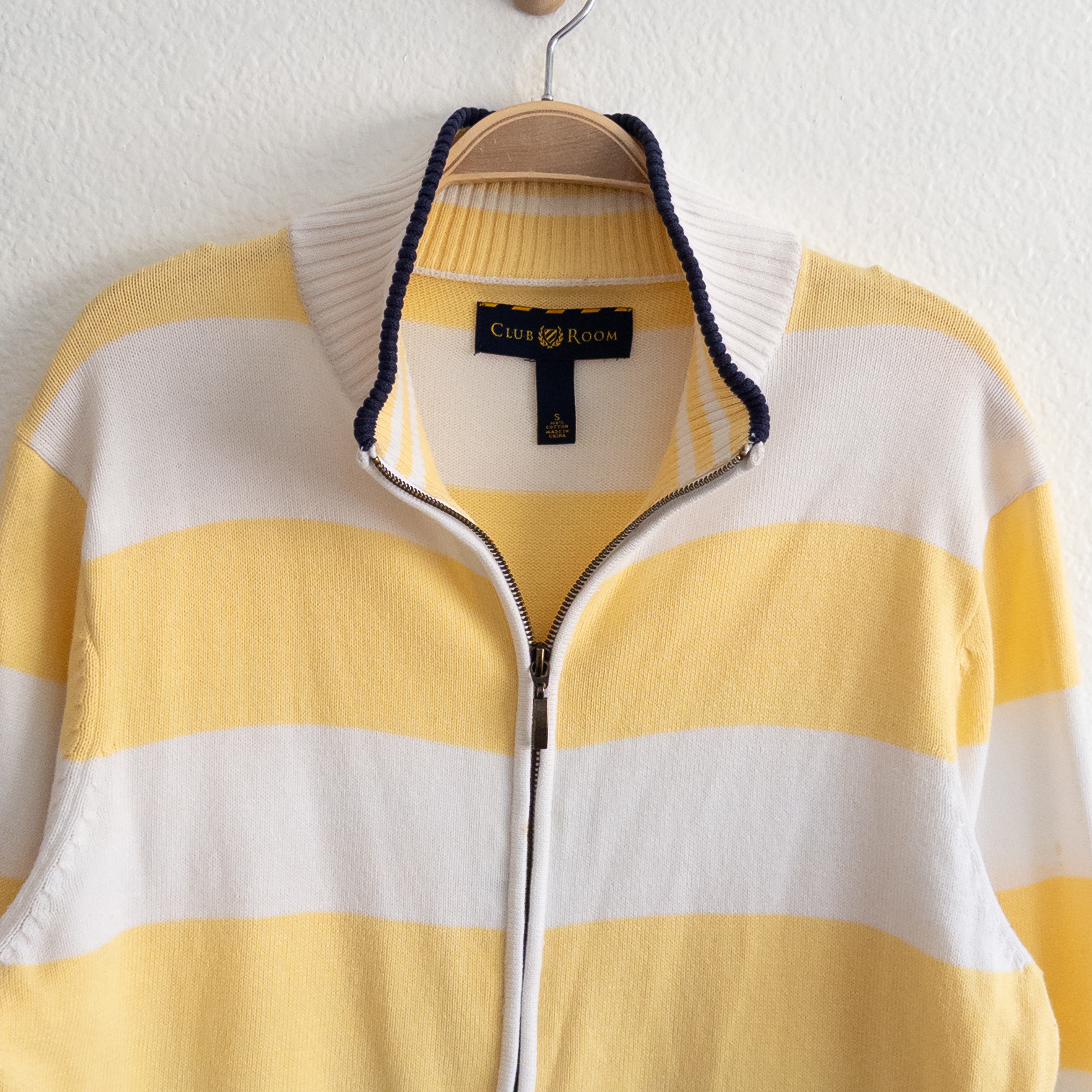 Club Room Yellow and White Stripe Zip-Up Cardigan Sweater Size Small