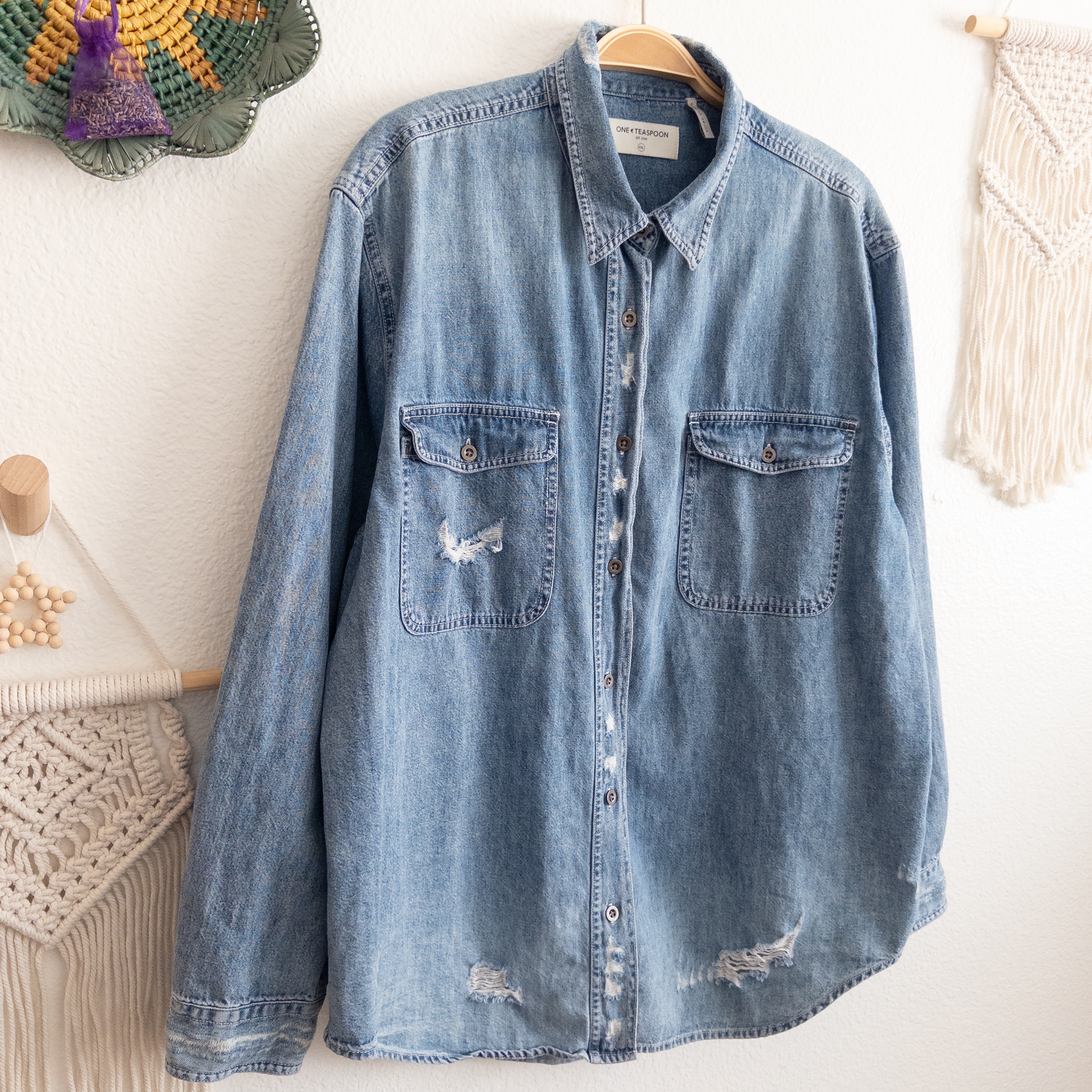 Distressed Denim Blue Button-Down Shirt Size XXL