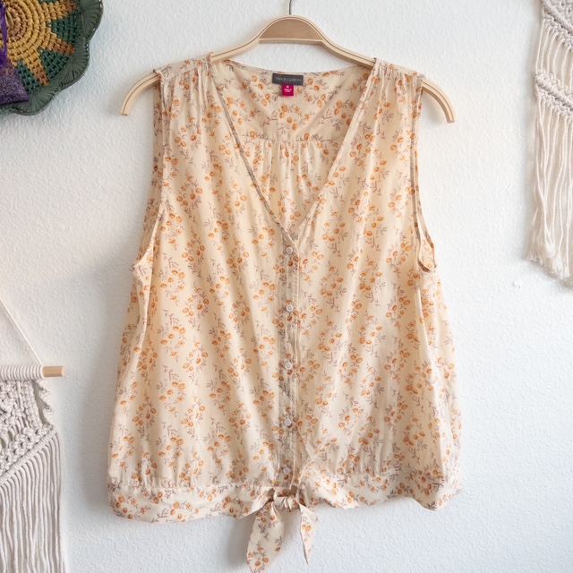 Heirloom Bouquet Natural Sand Floral Tie-Front Sleeveless Blouse Size XL