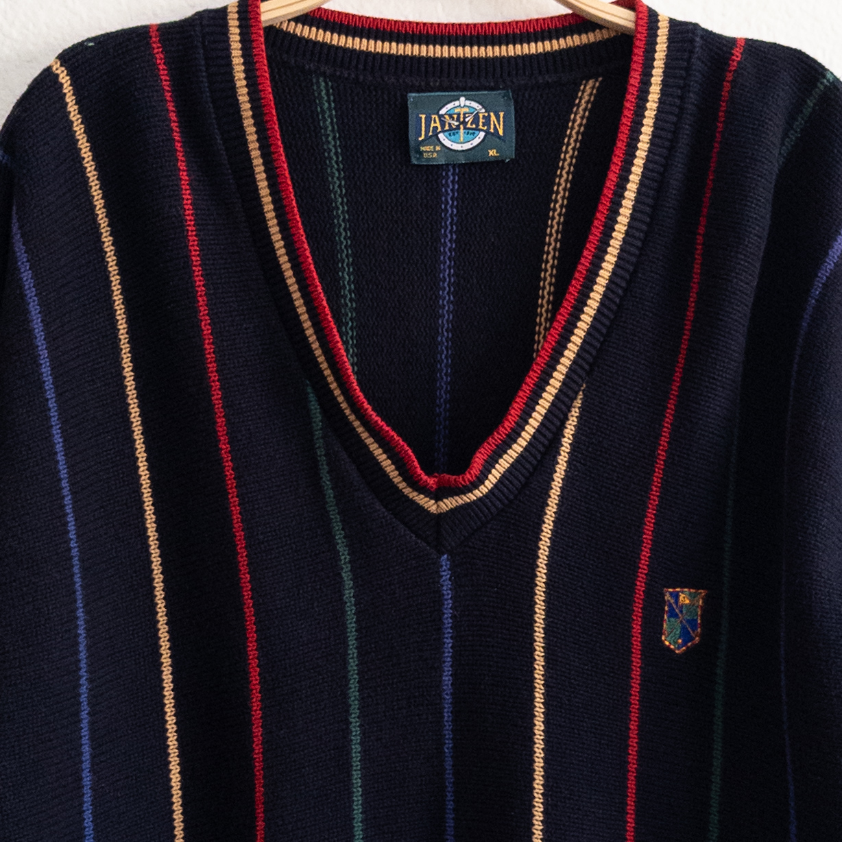 Jantzen Navy Stripe V-Neck Sweater Size XL Vintage