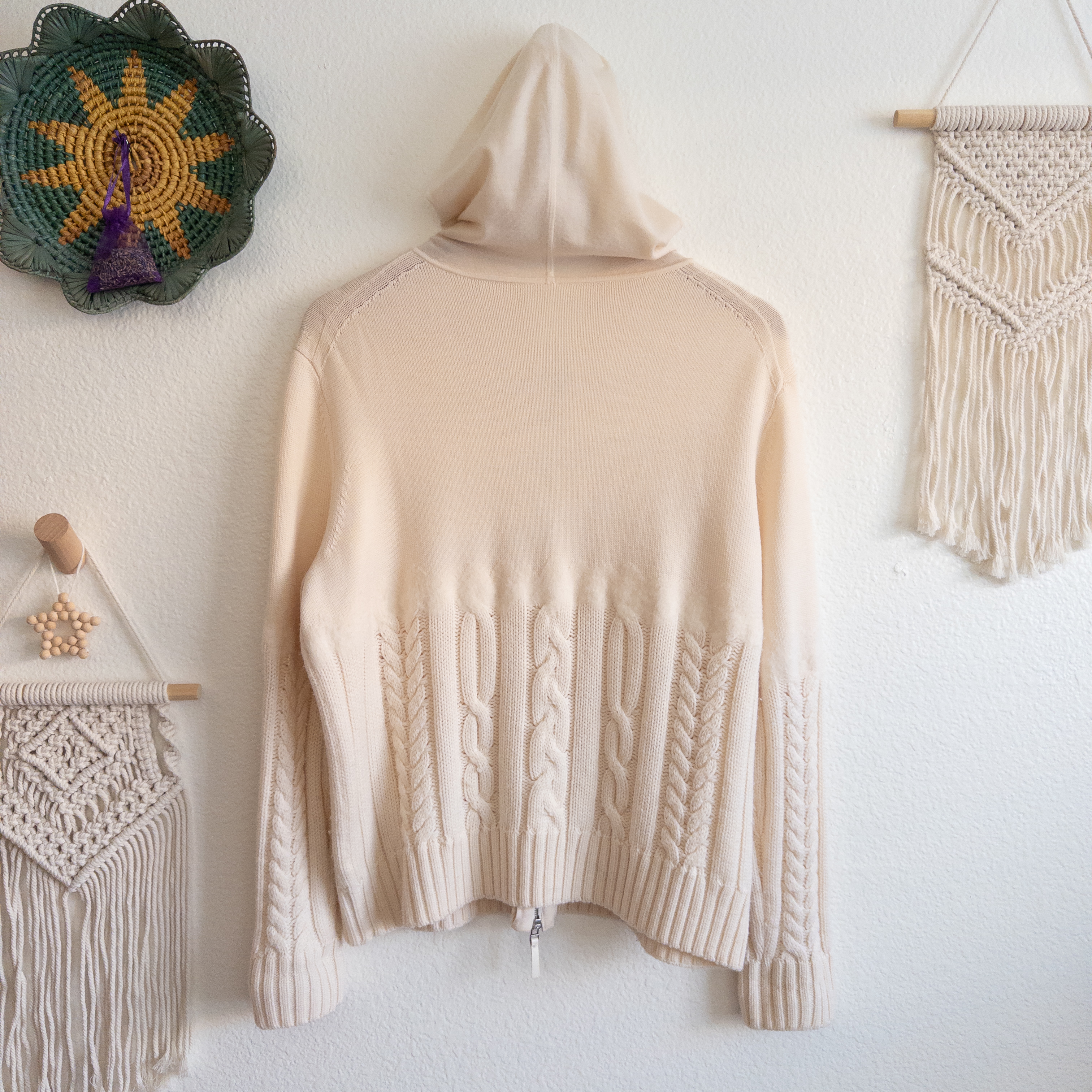 Lafayette 148 New York Fine Gauge Wool Cable Knit Cream Hooded Zipper Sweater