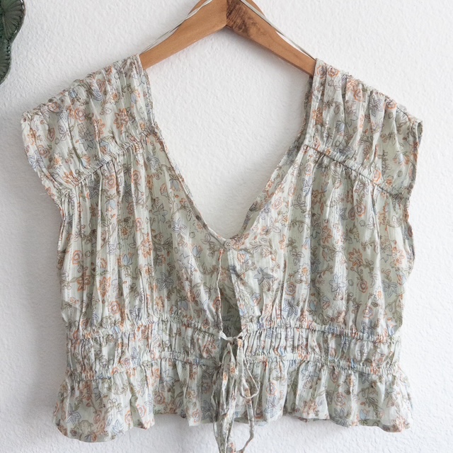 Spring Boho Floral Print Drawstring Gathered Blouse