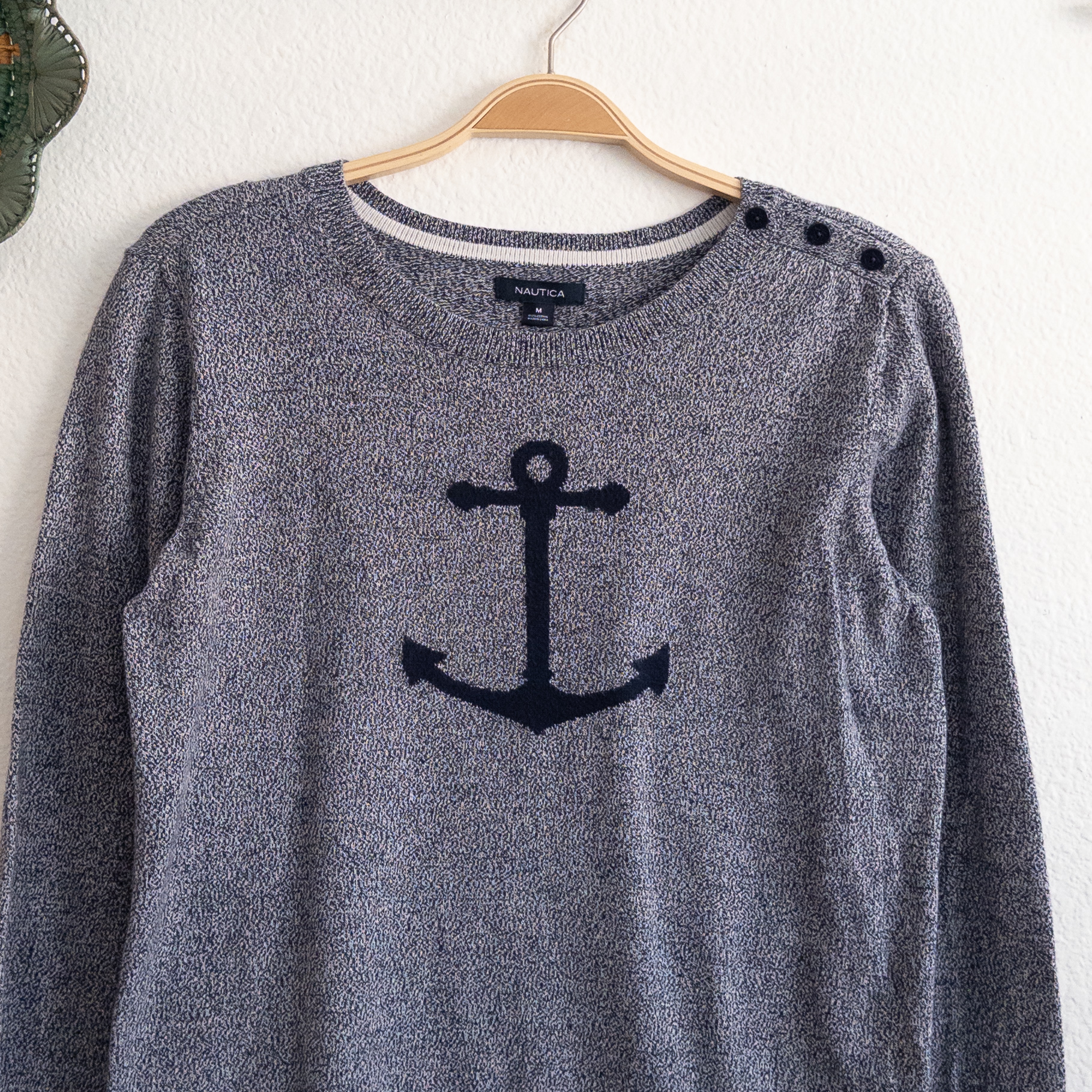 Nautica Navy and White Marled Nautical Anchor Sweater Size Medium
