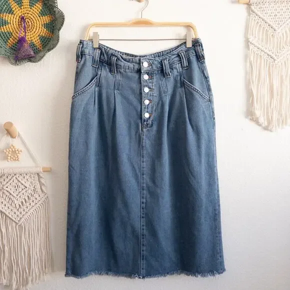 Pilcro Blue Denim Skirt Tea Length Midi Raw Hem Size 14