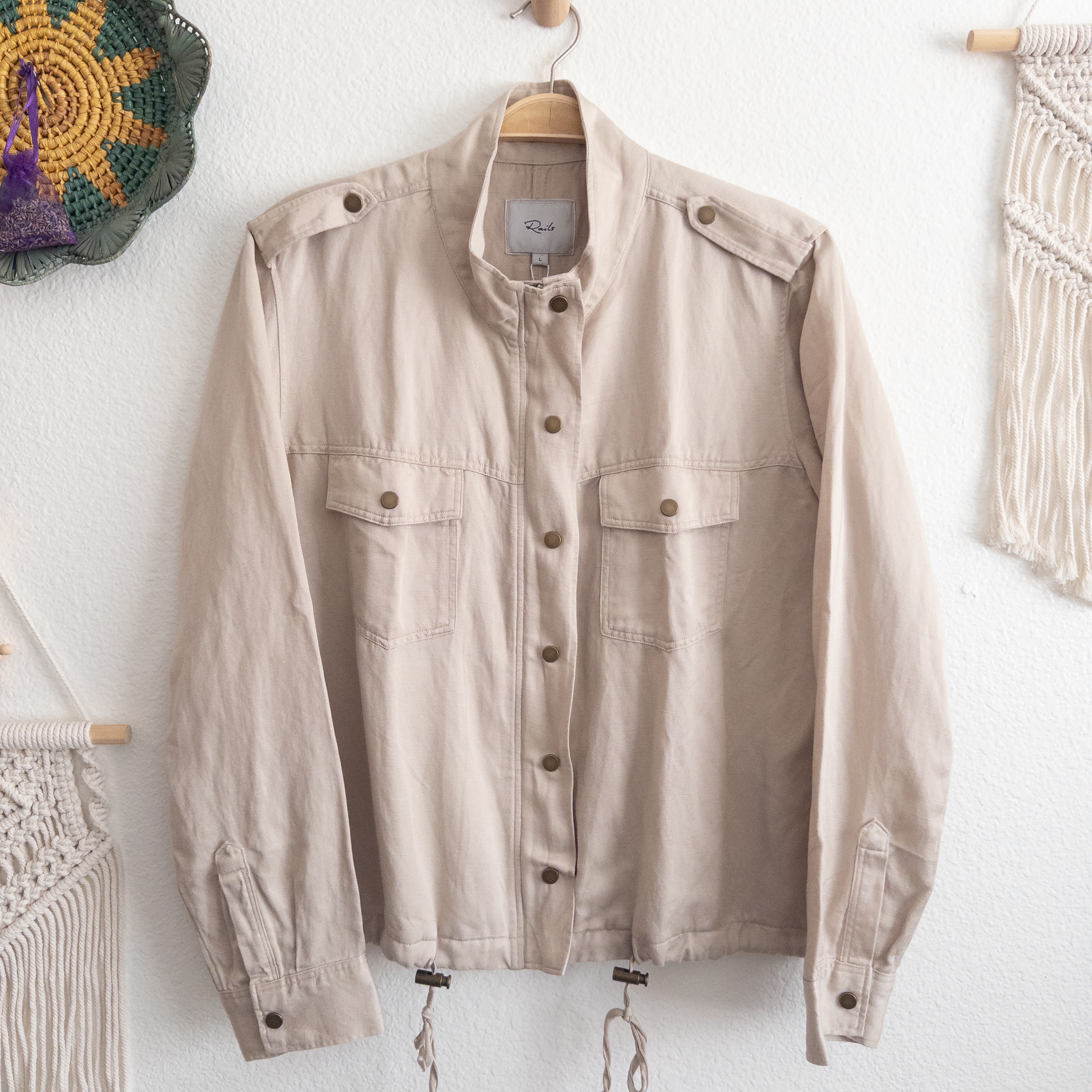 Line Blend Beige Casual Utility Snap Zip Jacket Collins in Bone Size Large NWT