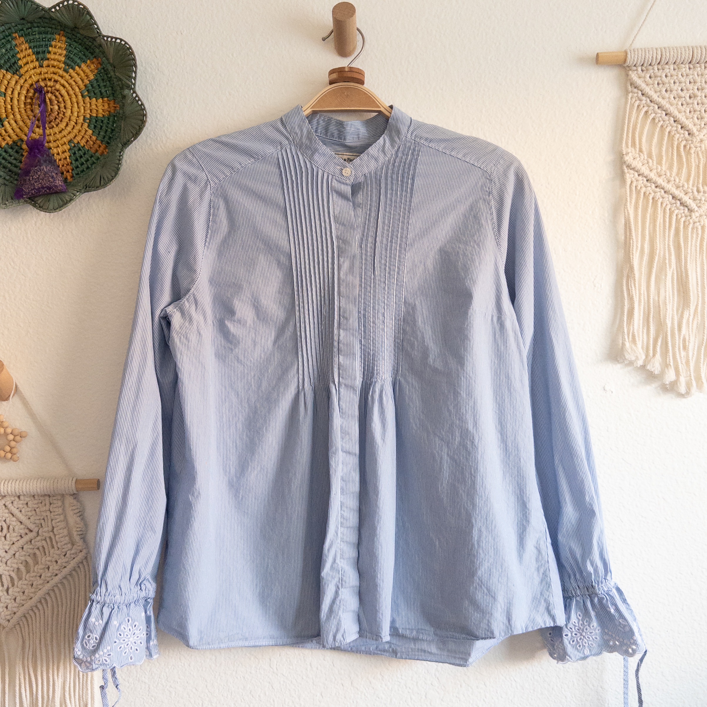 Light Blue With White Pinstripes Bell Cuffs Button-Up Blouse Size Large