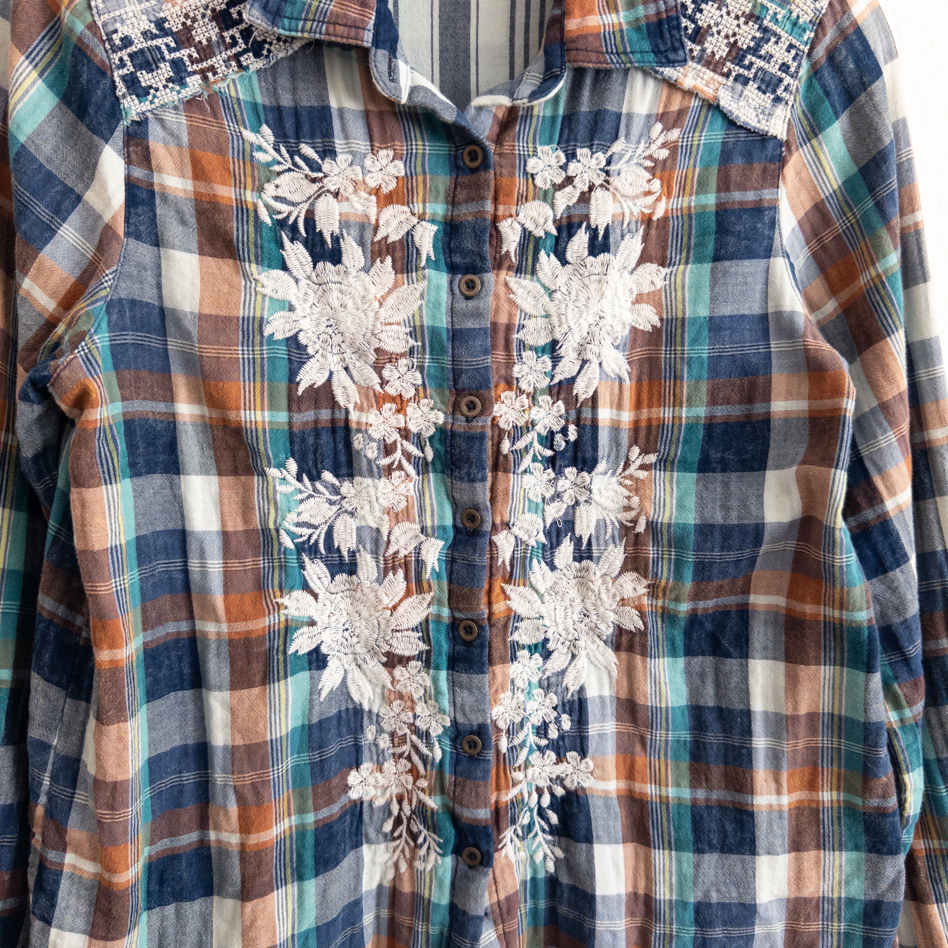 Sundance Quiet Canyon Western Boho Floral Embroidered Plaid Button Down Shirt Small