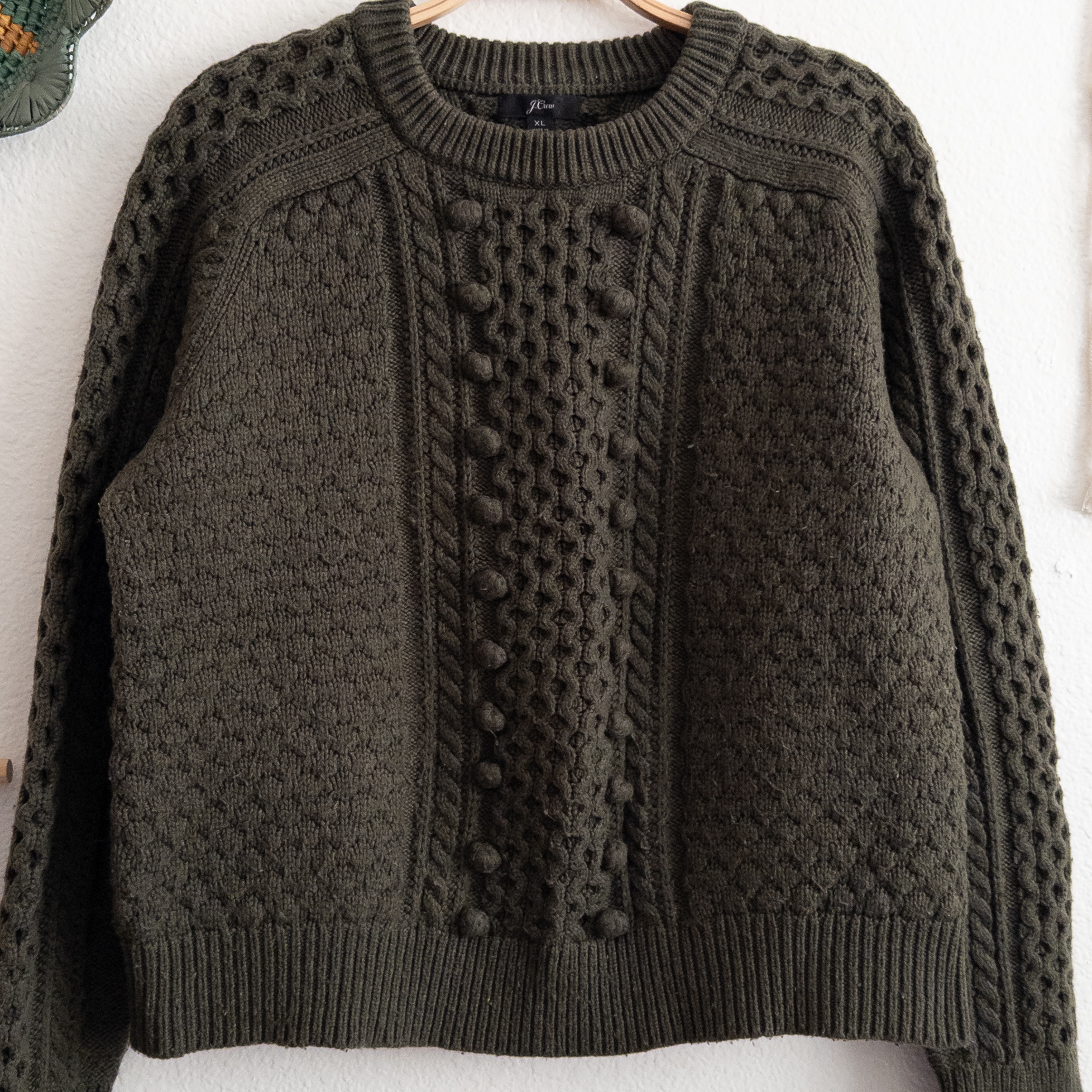 J. Crew Green Pom Pom Lambswool Blend Cable Knit Sweater Size XL