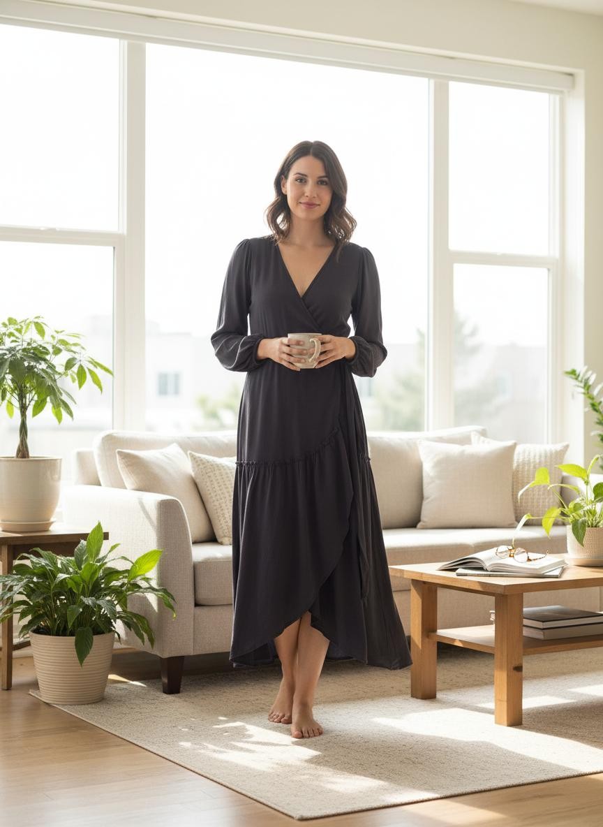 Elegant Gray Wrap Midi Dress Size Large