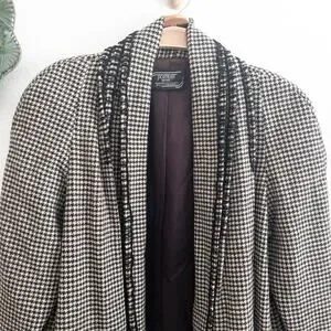 Houndstooth Longline Coat Cardigan Cream Black Open Front Small