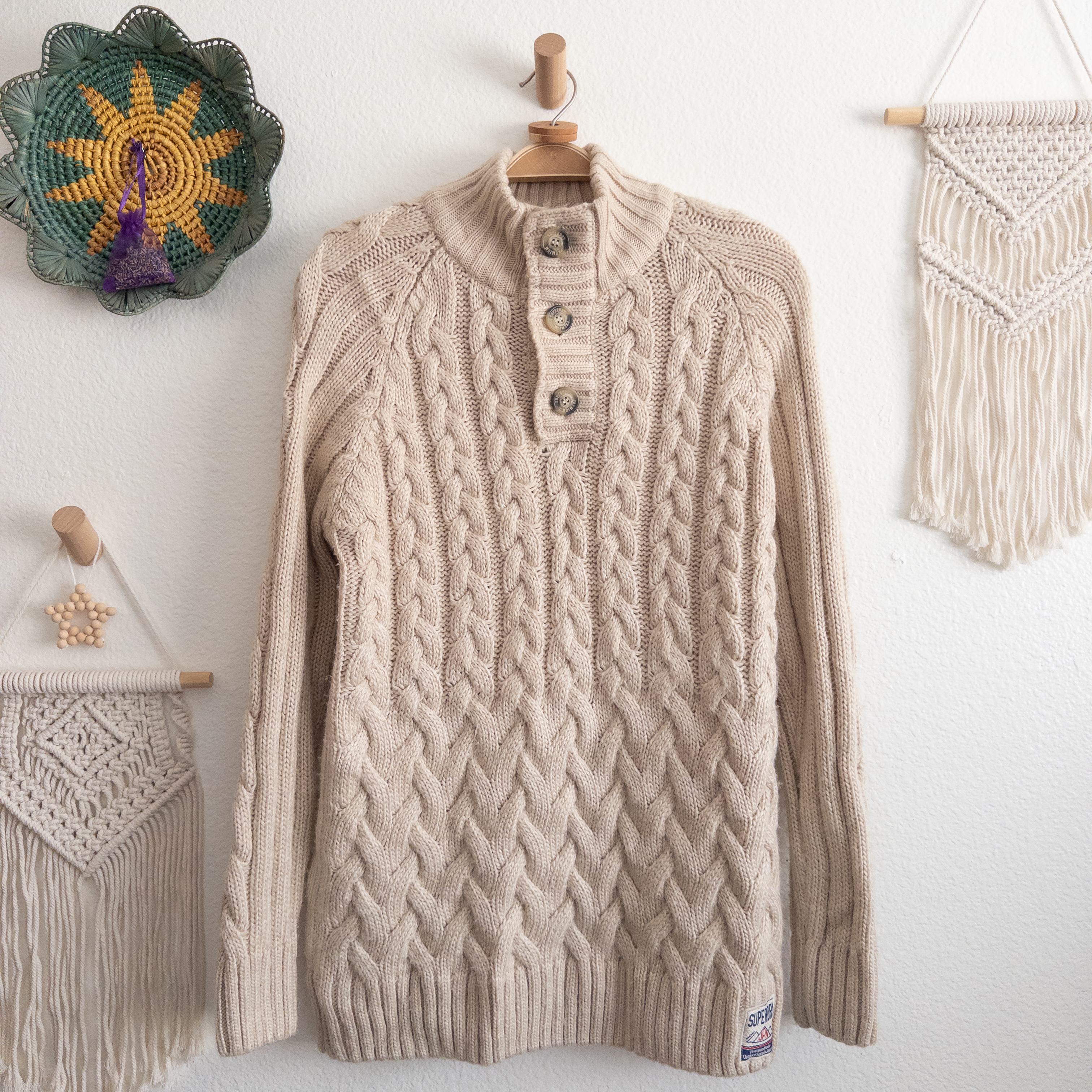 Chunky Cable Knit Wool Blend Beige Sweater Size Large