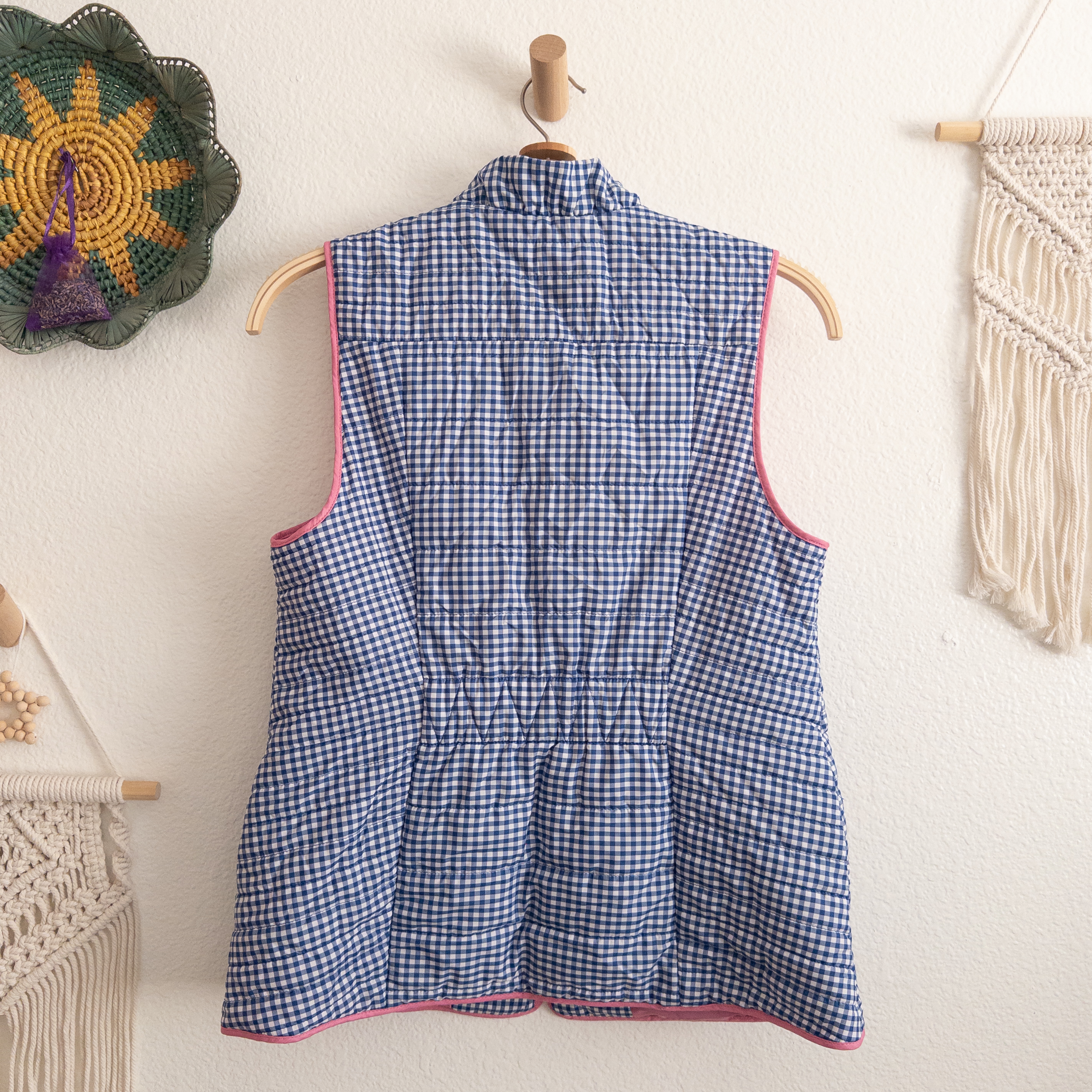 Talbots Quilted Gingham Vest Blue and White with Pink Trim Size Medium